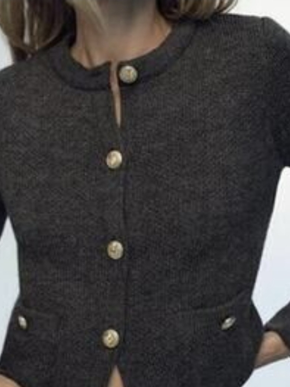 Zara Dark Charcoal Knit Blazer with Gold Buttons